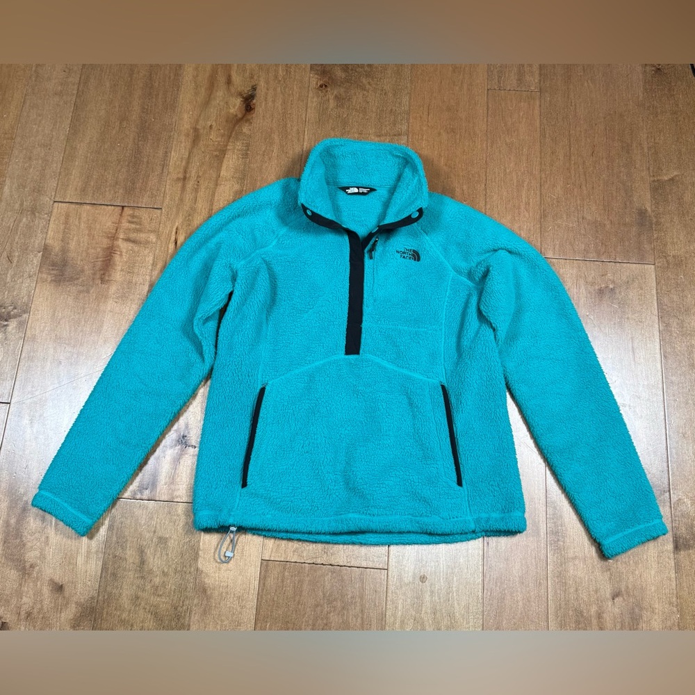 The North Face Royal Archer 1/4 Zip‎ Snap Turqouise Fuzzy Jacket Womens Large